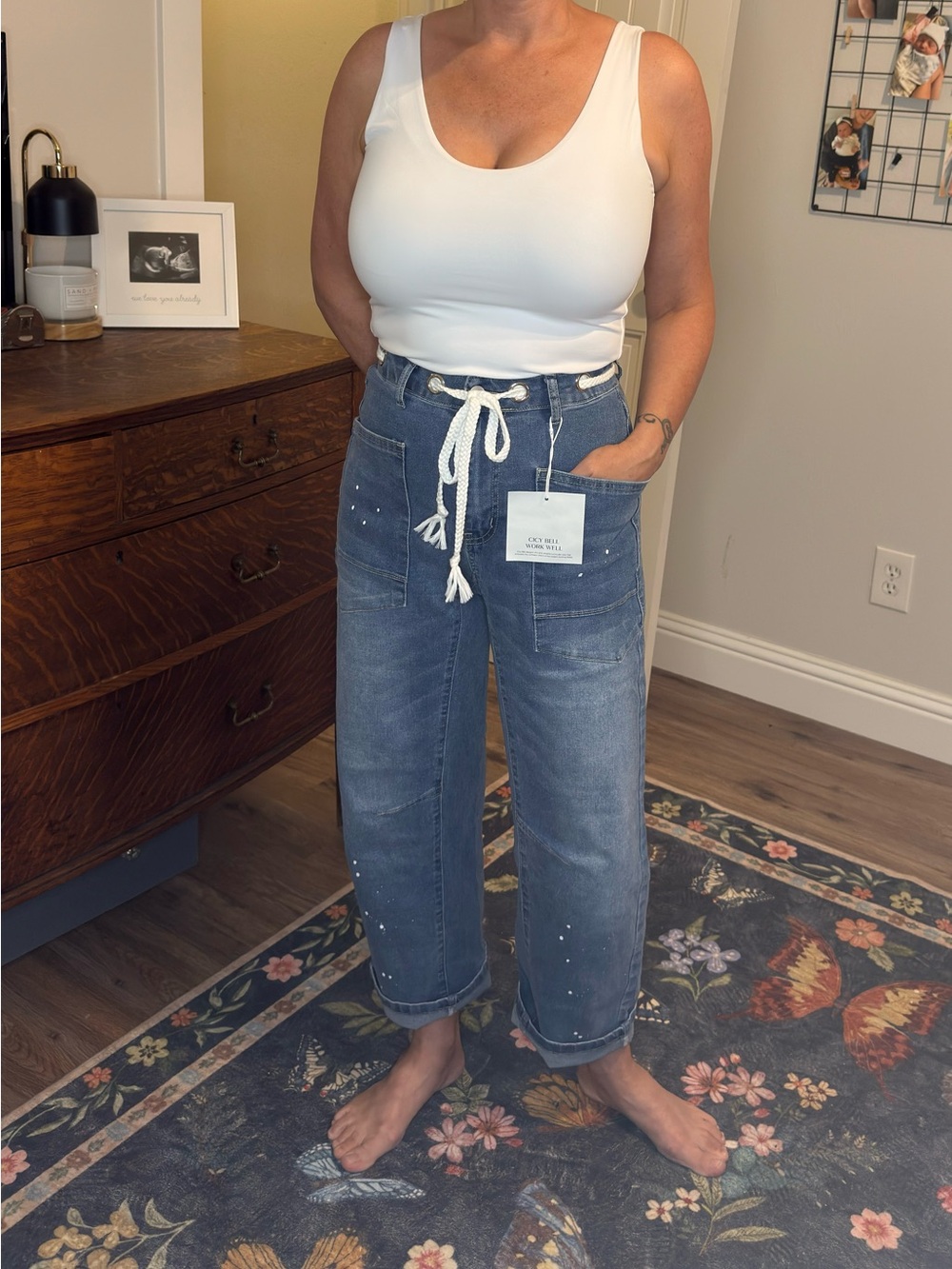 High-Waist Blue Women's Barrel Legged Jeans with Drawstring